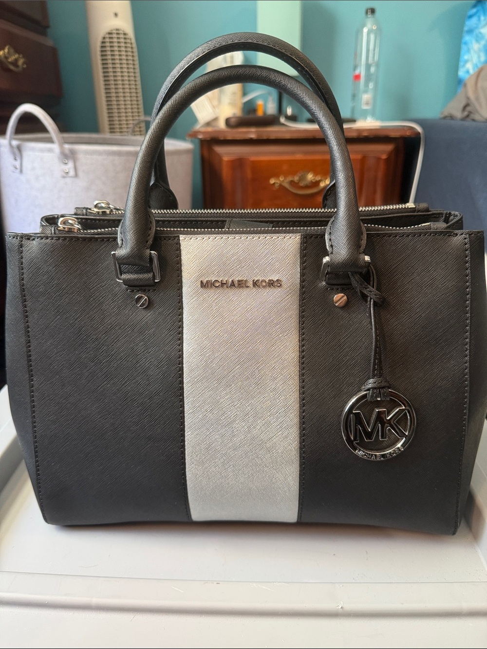 Michael Kors Black and Silver Center-Stripe Saffiano Satchel